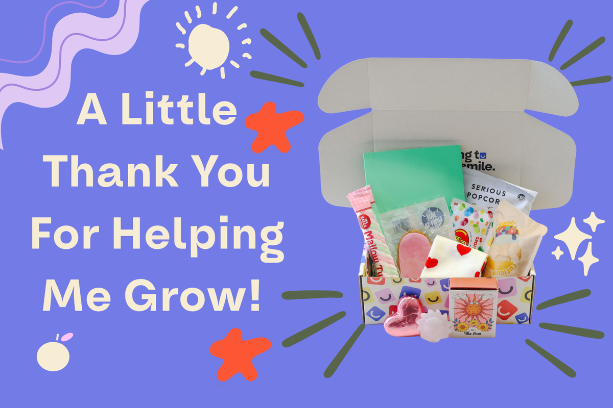 SmileBox teacher thank you gift box with colourful treats and the message A Little Thank You for Helping Me Grow